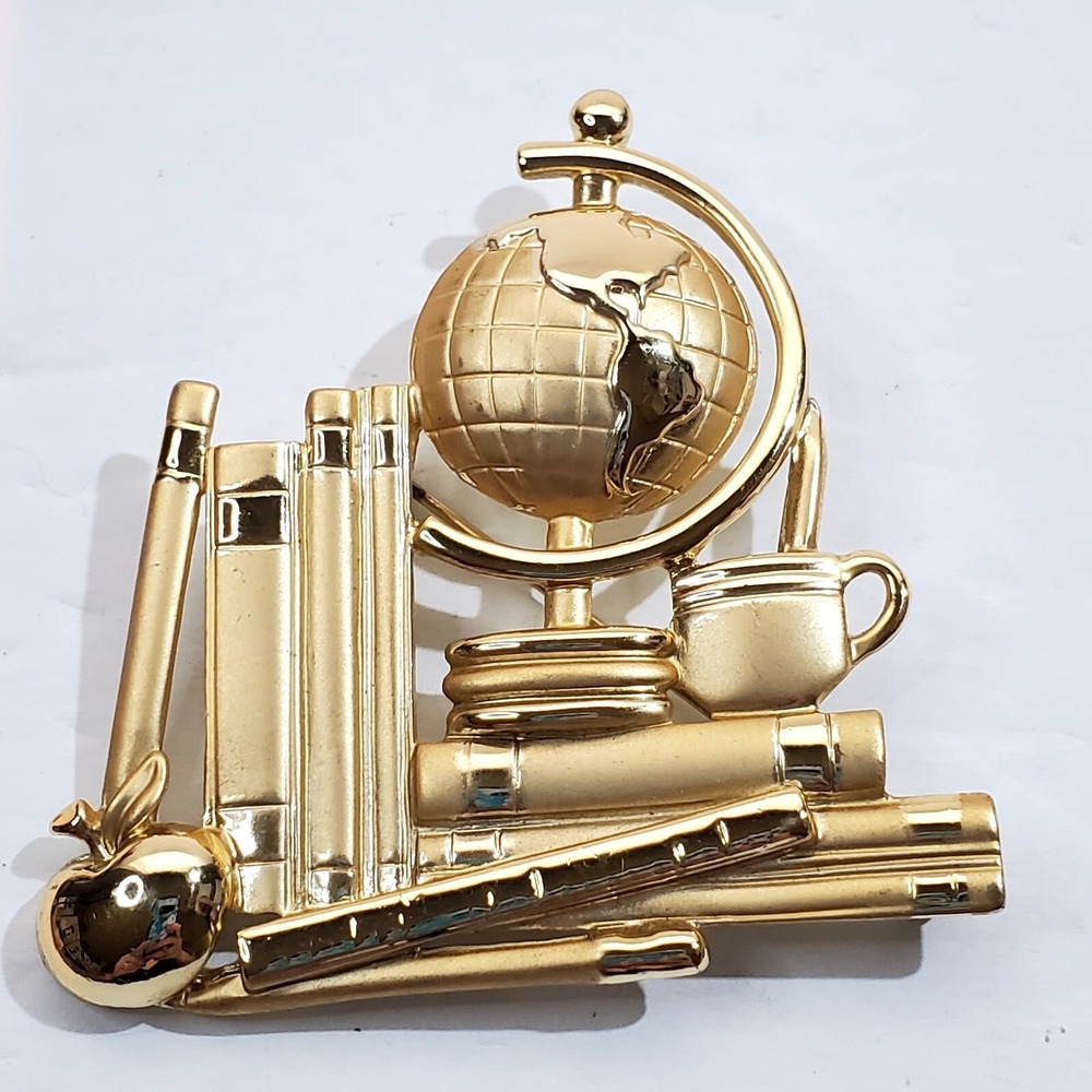 Vintage AJC Matte and Shiny Gold Tone Metal Teacher Globe Books Brooch Pin